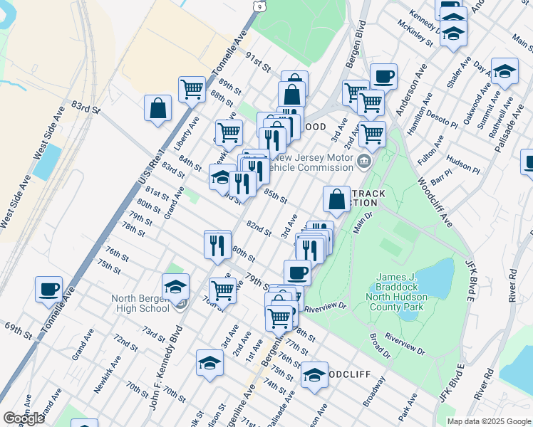 map of restaurants, bars, coffee shops, grocery stores, and more near 8304 5th Avenue in North Bergen