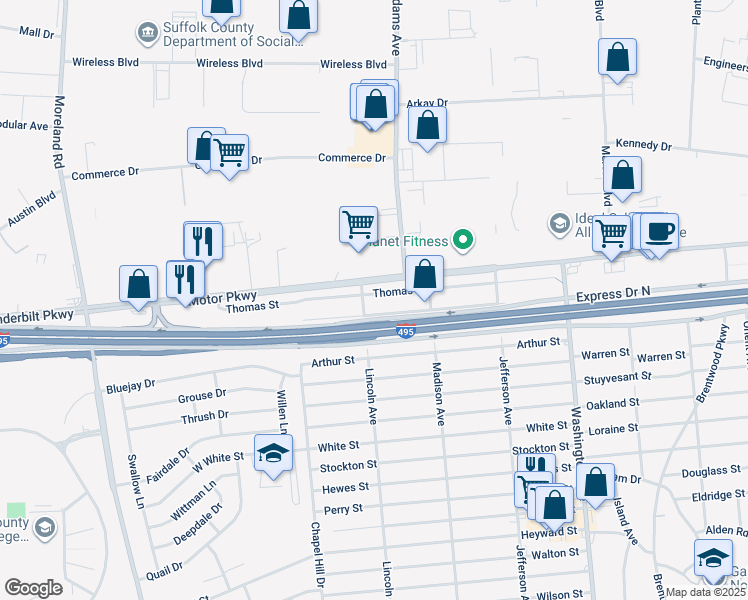 map of restaurants, bars, coffee shops, grocery stores, and more near 114 Thomas Street in Brentwood