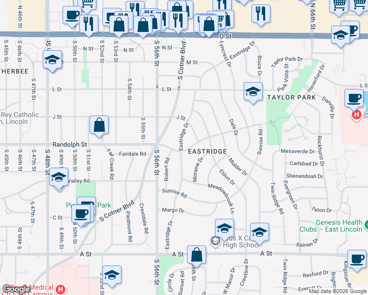 map of restaurants, bars, coffee shops, grocery stores, and more near 5800 Randolph Street in Lincoln