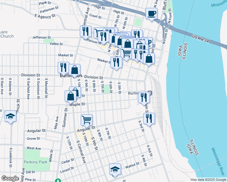 map of restaurants, bars, coffee shops, grocery stores, and more near 244 South 6th Street in Burlington