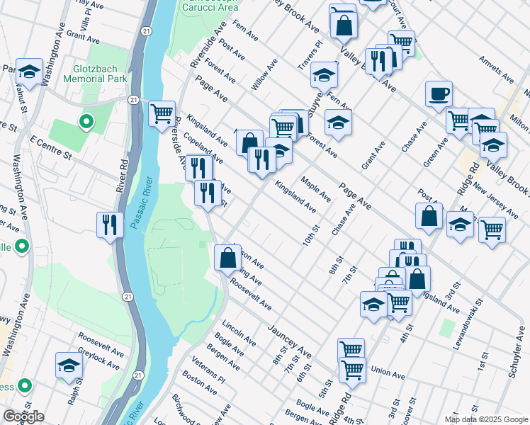 map of restaurants, bars, coffee shops, grocery stores, and more near 321 Sanford Avenue in Lyndhurst