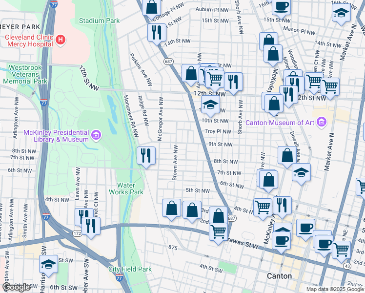 map of restaurants, bars, coffee shops, grocery stores, and more near 1210 9th Street Northwest in Canton