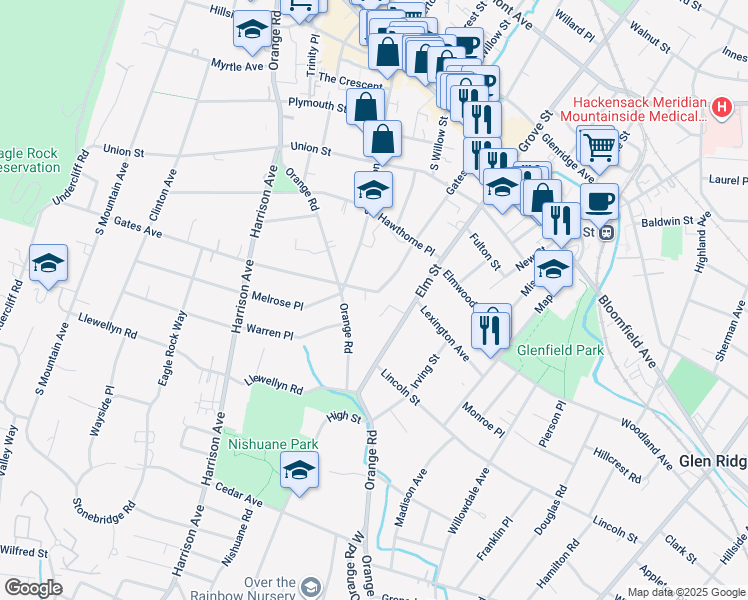 map of restaurants, bars, coffee shops, grocery stores, and more near 80 Gates Avenue in Montclair
