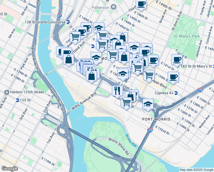 map of restaurants, bars, coffee shops, grocery stores, and more near 128 Willis Avenue in The Bronx