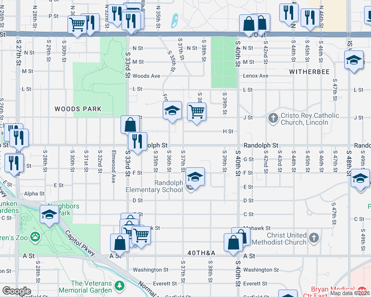 map of restaurants, bars, coffee shops, grocery stores, and more near 3725 Randolph Street in Lincoln