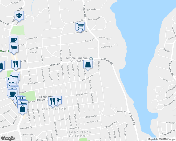 map of restaurants, bars, coffee shops, grocery stores, and more near 14 North Gate Road in Great Neck
