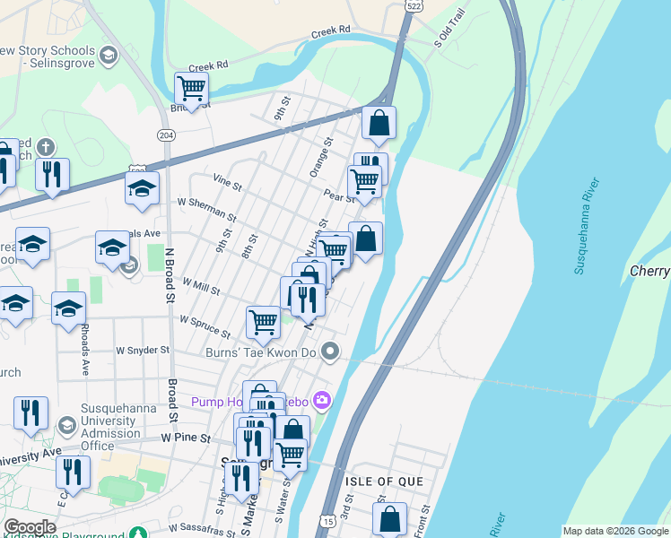map of restaurants, bars, coffee shops, grocery stores, and more near 595 North Market Street in Selinsgrove