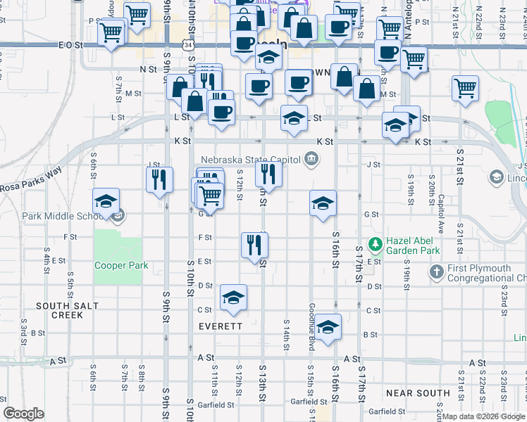 map of restaurants, bars, coffee shops, grocery stores, and more near 1300 G Street in Lincoln