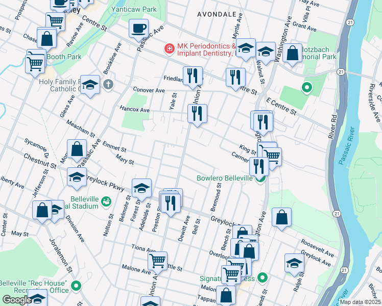 map of restaurants, bars, coffee shops, grocery stores, and more near 160 White Oak Terrace in Belleville