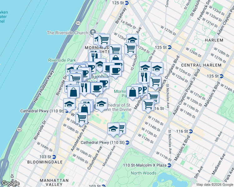 map of restaurants, bars, coffee shops, grocery stores, and more near 411 West 115th Street in New York