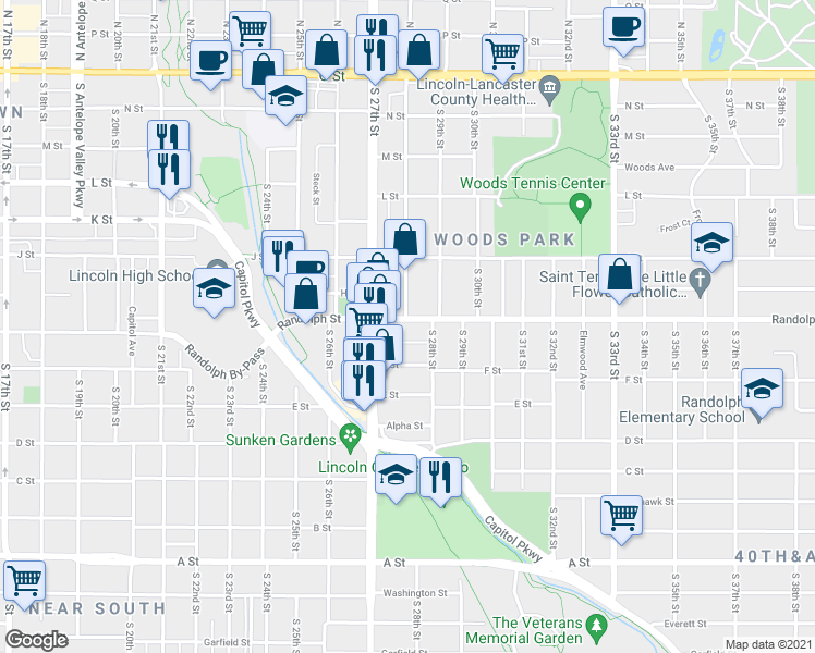 map of restaurants, bars, coffee shops, grocery stores, and more near 2761 Randolph Street in Lincoln