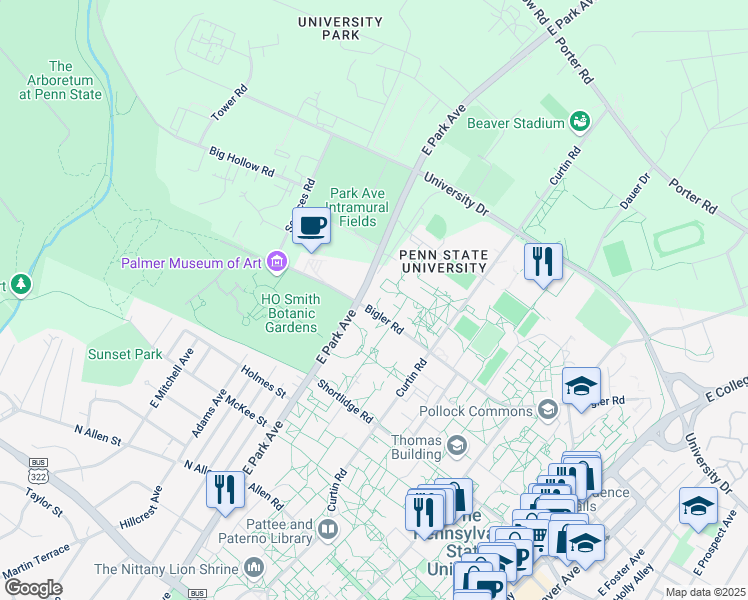 map of restaurants, bars, coffee shops, grocery stores, and more near 1899 East Park Avenue in State College