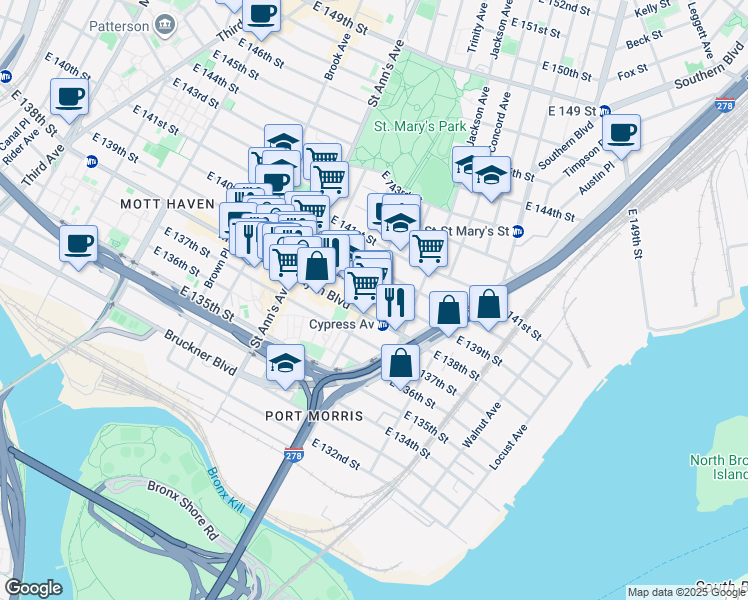 map of restaurants, bars, coffee shops, grocery stores, and more near 264 Cypress Avenue in The Bronx