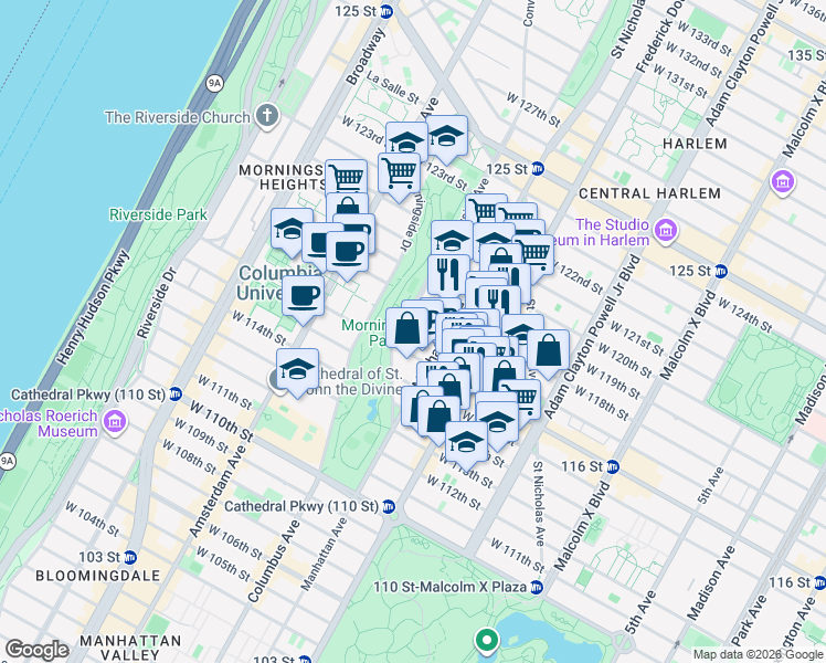 map of restaurants, bars, coffee shops, grocery stores, and more near 368 West 117th Street in New York
