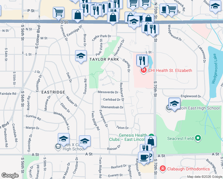 map of restaurants, bars, coffee shops, grocery stores, and more near 6500 Mesaverde Drive in Lincoln