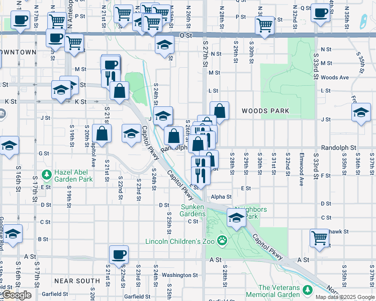 map of restaurants, bars, coffee shops, grocery stores, and more near 2601 Randolph Street in Lincoln