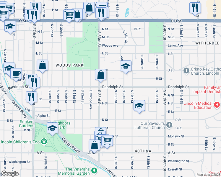 map of restaurants, bars, coffee shops, grocery stores, and more near 3415 Randolph Street in Lincoln