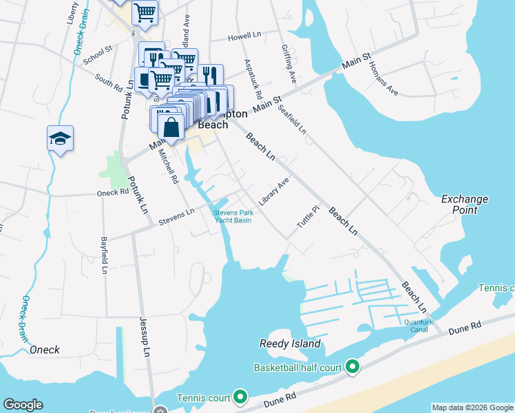 map of restaurants, bars, coffee shops, grocery stores, and more near Library Avenue in Westhampton Beach