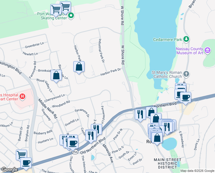 map of restaurants, bars, coffee shops, grocery stores, and more near 54 Woodland Road in Roslyn