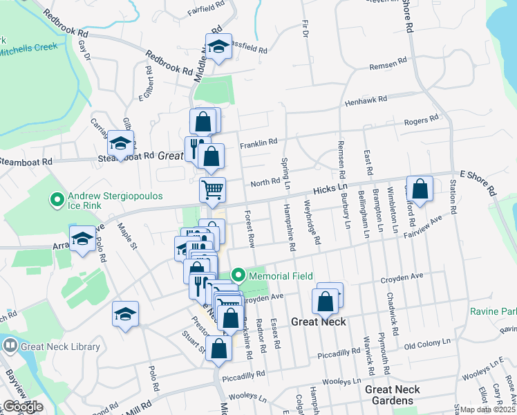 map of restaurants, bars, coffee shops, grocery stores, and more near 28 Hicks Lane in Great Neck