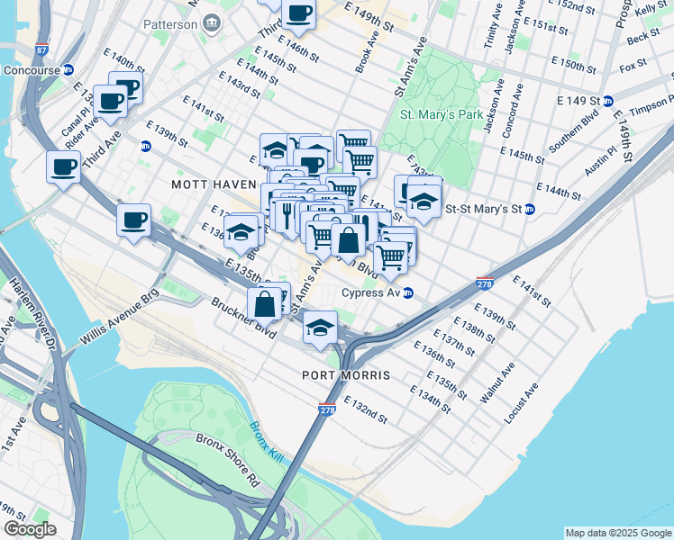 map of restaurants, bars, coffee shops, grocery stores, and more near 587 East 137th Street in The Bronx