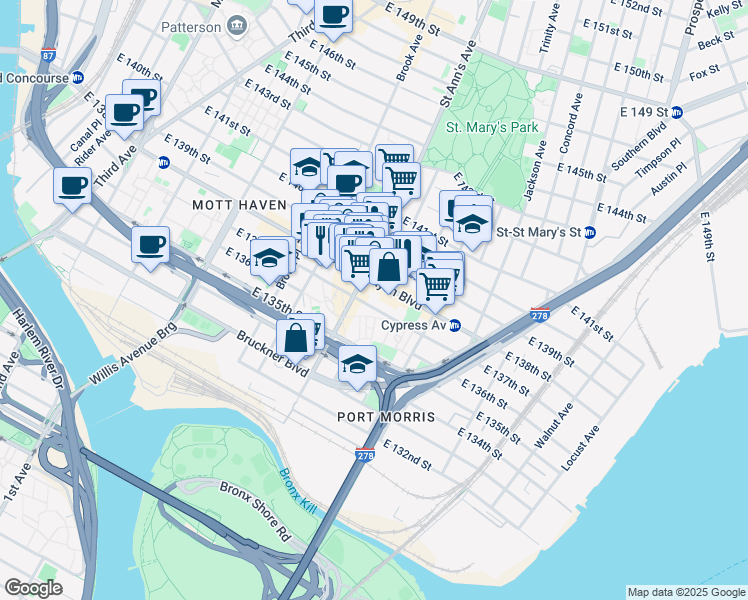 map of restaurants, bars, coffee shops, grocery stores, and more near 587 East 137th Street in The Bronx