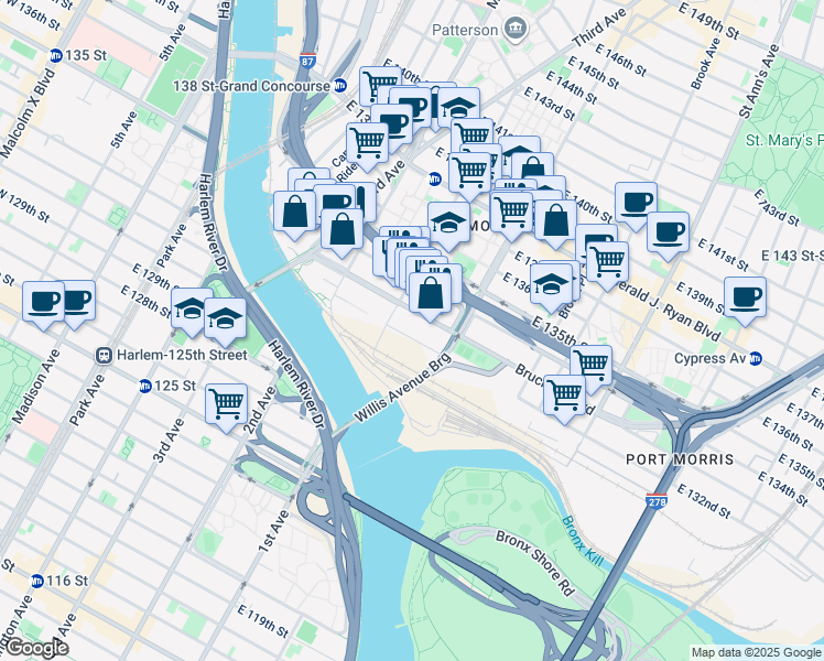 map of restaurants, bars, coffee shops, grocery stores, and more near 98 Lincoln Avenue in Bronx