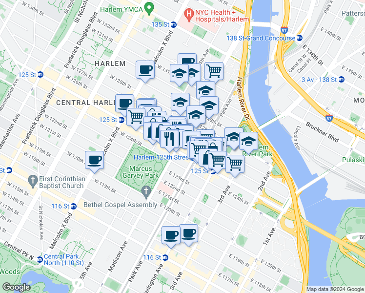 map of restaurants, bars, coffee shops, grocery stores, and more near 56 East 126th Street in New York