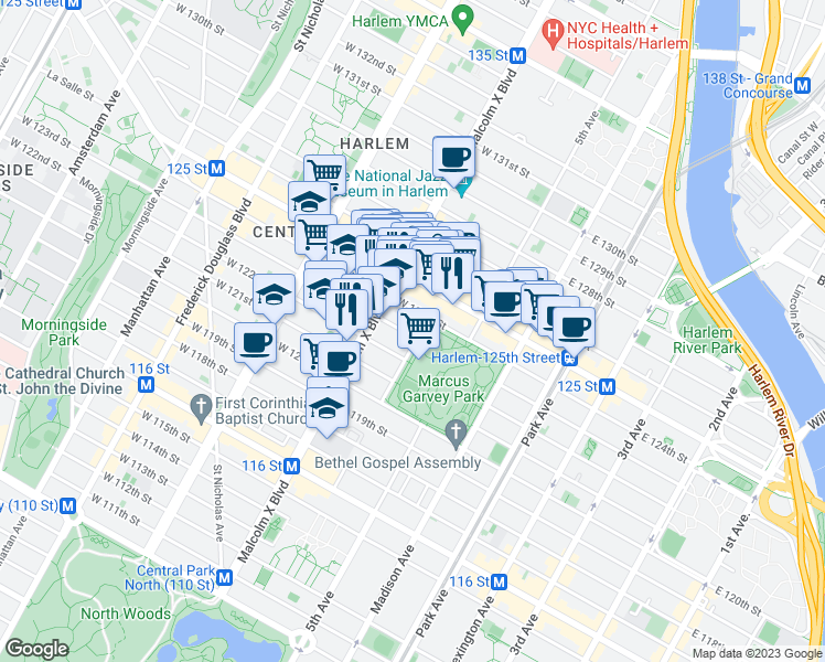map of restaurants, bars, coffee shops, grocery stores, and more near 10 West 123rd Street in New York