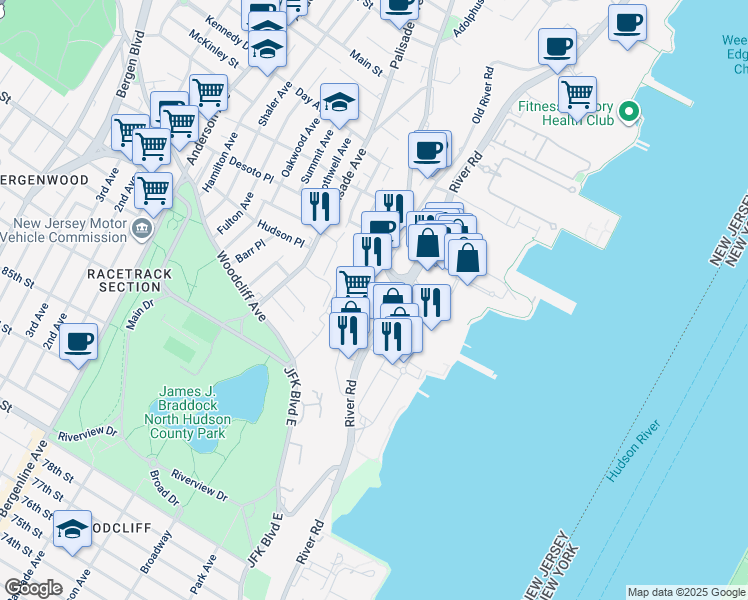 map of restaurants, bars, coffee shops, grocery stores, and more near 137 Old River Road in Edgewater