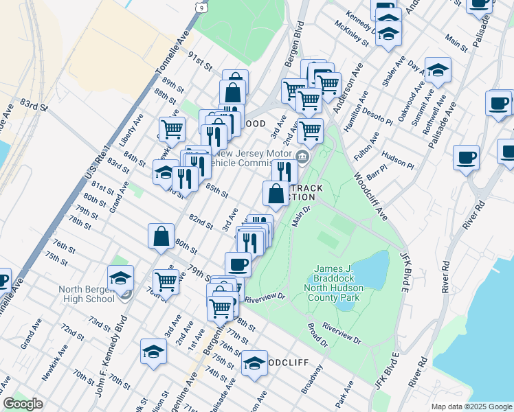 map of restaurants, bars, coffee shops, grocery stores, and more near 614 85th Street in North Bergen
