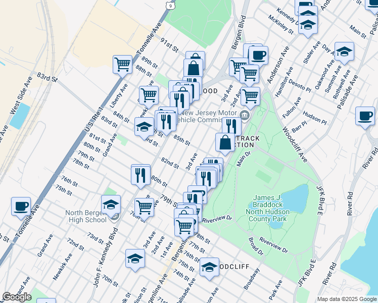 map of restaurants, bars, coffee shops, grocery stores, and more near 801 85th Street in North Bergen