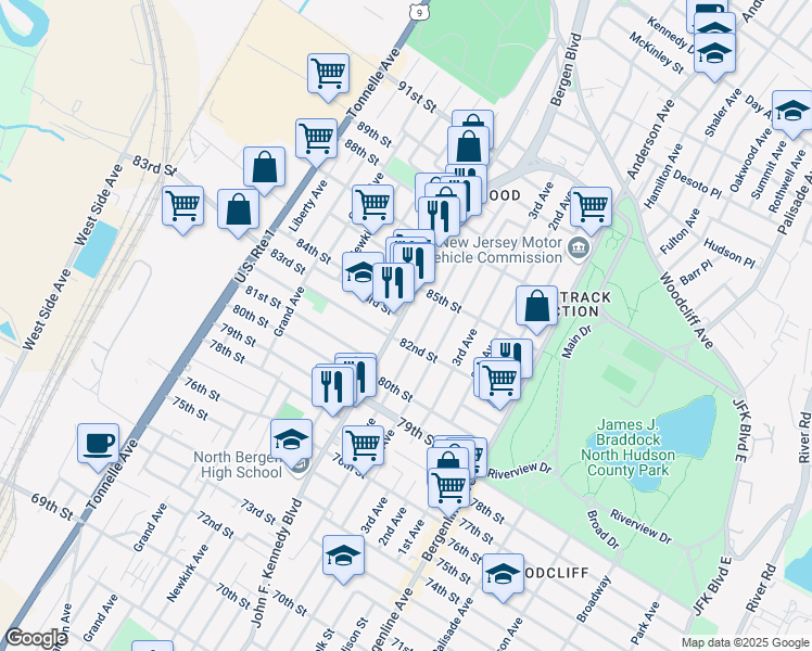 map of restaurants, bars, coffee shops, grocery stores, and more near 8203 B John F. Kennedy Boulevard in North Bergen