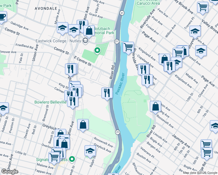 map of restaurants, bars, coffee shops, grocery stores, and more near 82 River Road in Nutley