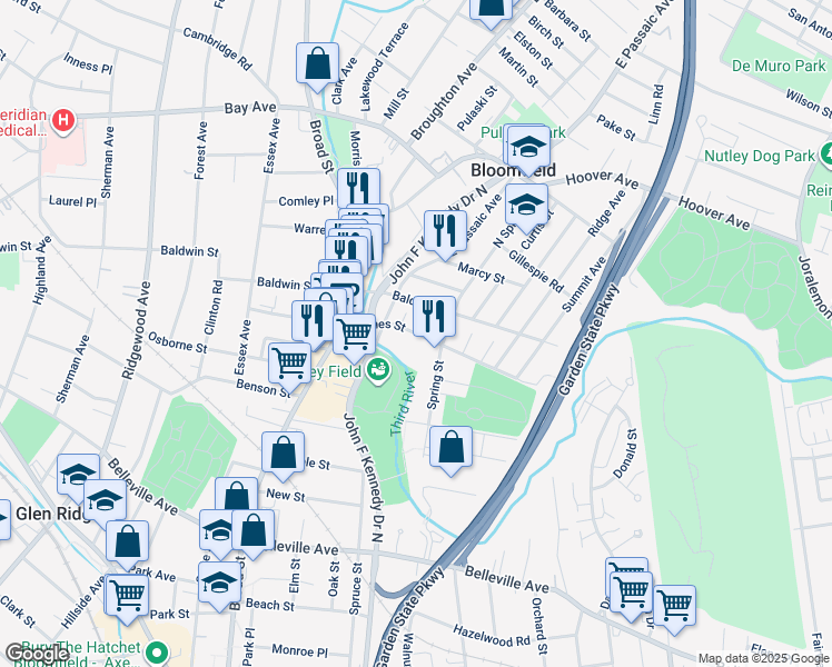 map of restaurants, bars, coffee shops, grocery stores, and more near 62 James Street in Bloomfield