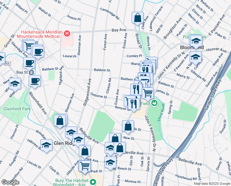 map of restaurants, bars, coffee shops, grocery stores, and more near 27 Clinton Road in Glen Ridge