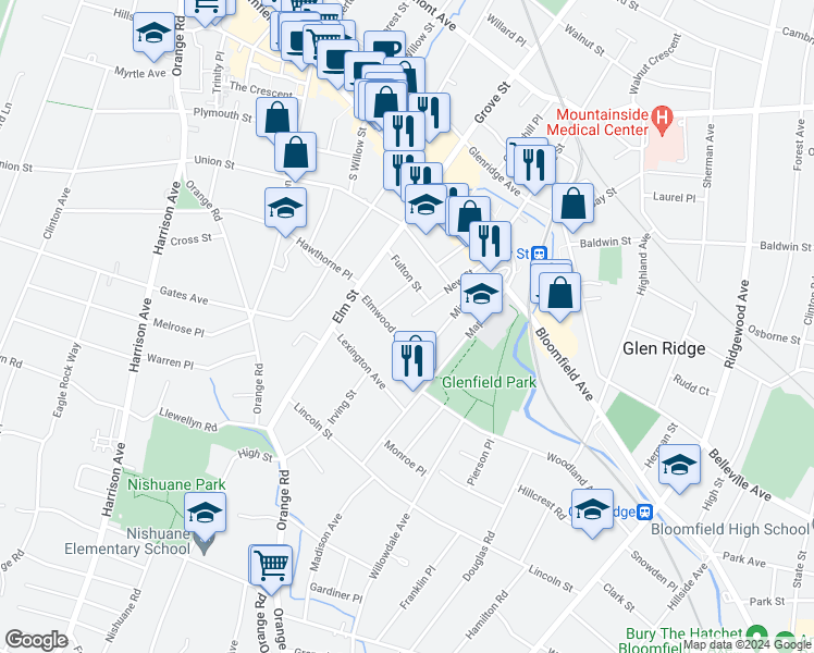 map of restaurants, bars, coffee shops, grocery stores, and more near 35 Elmwood Avenue in Montclair