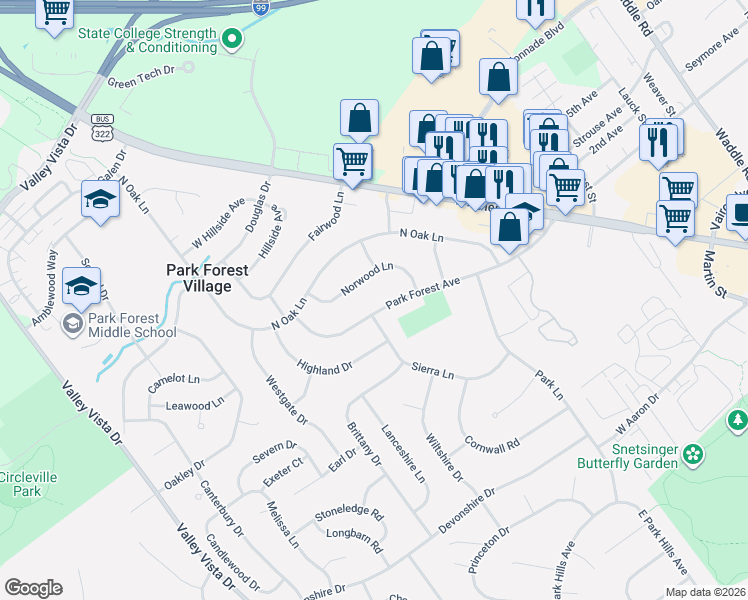 map of restaurants, bars, coffee shops, grocery stores, and more near 1901-1947 Park Forest Ave in State College