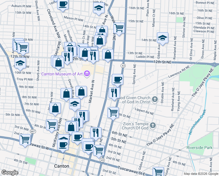 map of restaurants, bars, coffee shops, grocery stores, and more near 936 Walnut Avenue Northeast in Canton