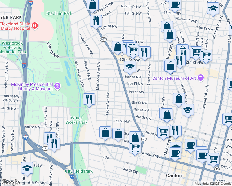 map of restaurants, bars, coffee shops, grocery stores, and more near 1210 9th Street Northwest in Canton