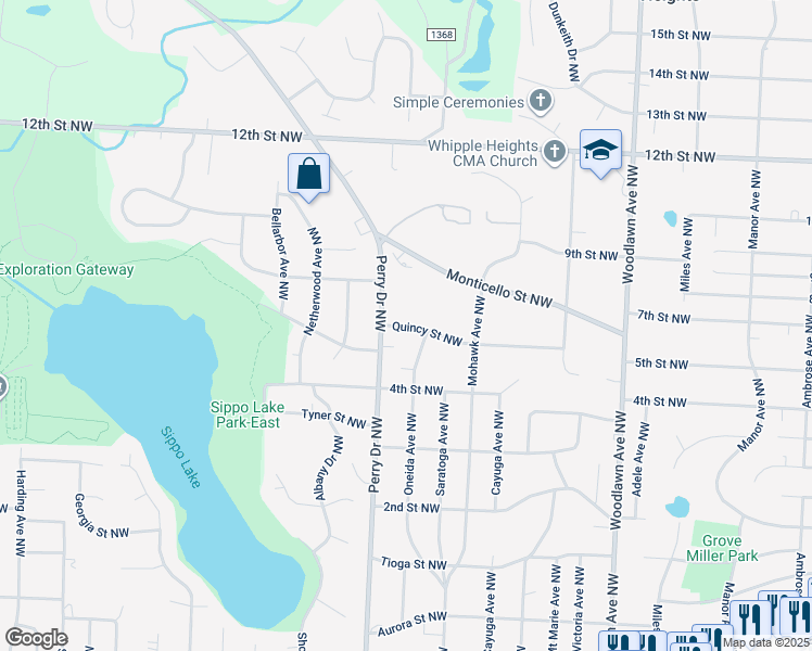 map of restaurants, bars, coffee shops, grocery stores, and more near 5083 Quincy Street Northwest in Canton