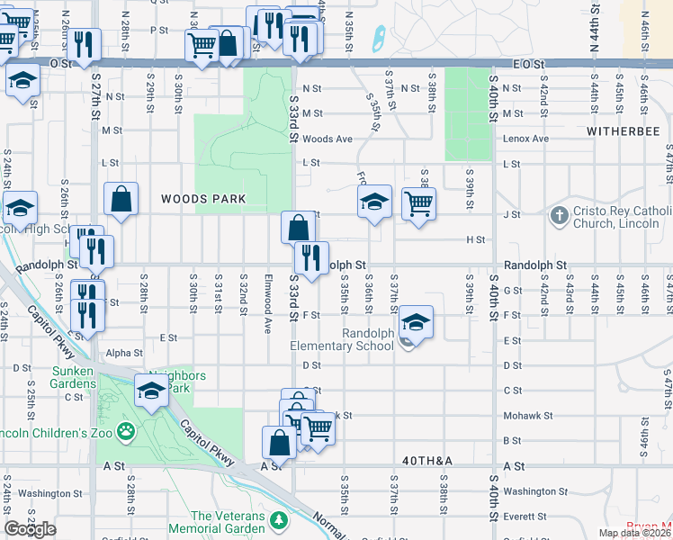 map of restaurants, bars, coffee shops, grocery stores, and more near 801 South 35th Street in Lincoln