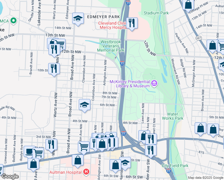 map of restaurants, bars, coffee shops, grocery stores, and more near 810 Smith Avenue Northwest in Canton