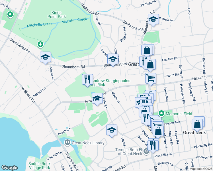 map of restaurants, bars, coffee shops, grocery stores, and more near 1 Wood Court in Great Neck