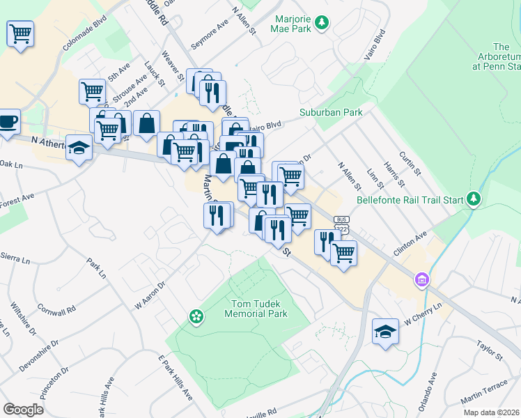 map of restaurants, bars, coffee shops, grocery stores, and more near 310 West Aaron Drive in State College