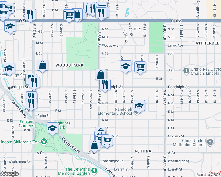 map of restaurants, bars, coffee shops, grocery stores, and more near 3415 Randolph Street in Lincoln