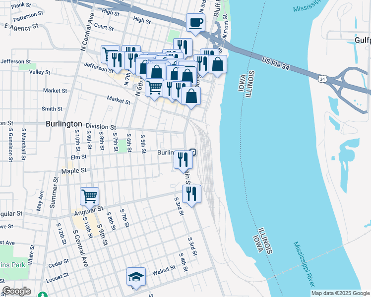 map of restaurants, bars, coffee shops, grocery stores, and more near 300 South Main Street in Burlington