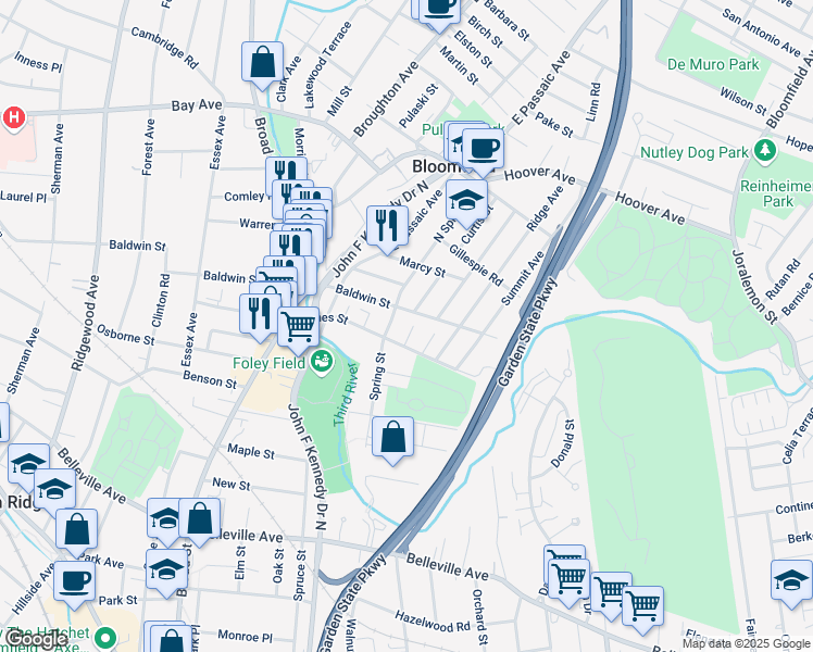 map of restaurants, bars, coffee shops, grocery stores, and more near 14 Evelyn Place in Bloomfield