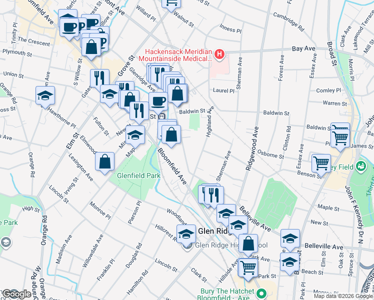 map of restaurants, bars, coffee shops, grocery stores, and more near 79 Glenridge Avenue in Glen Ridge
