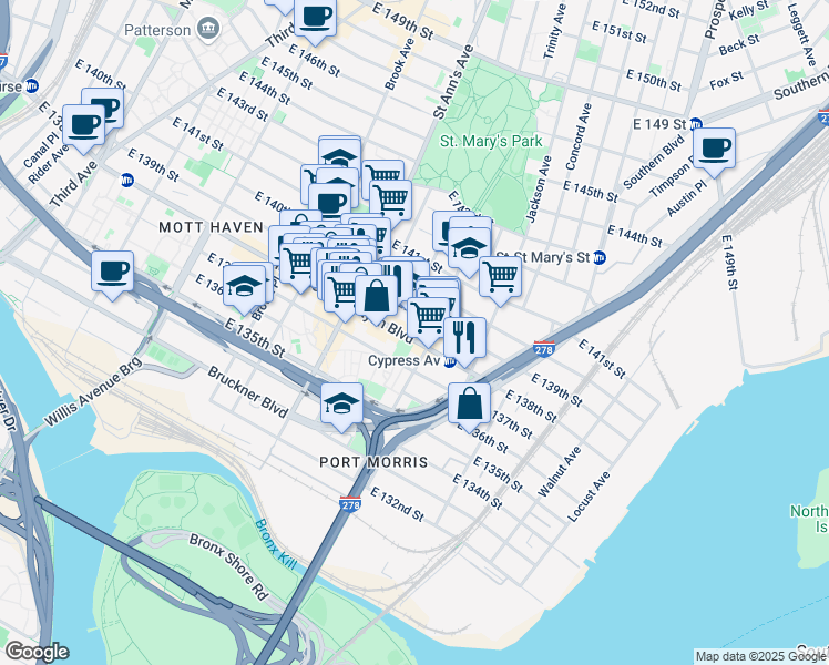 map of restaurants, bars, coffee shops, grocery stores, and more near 637 East 138th Street in The Bronx